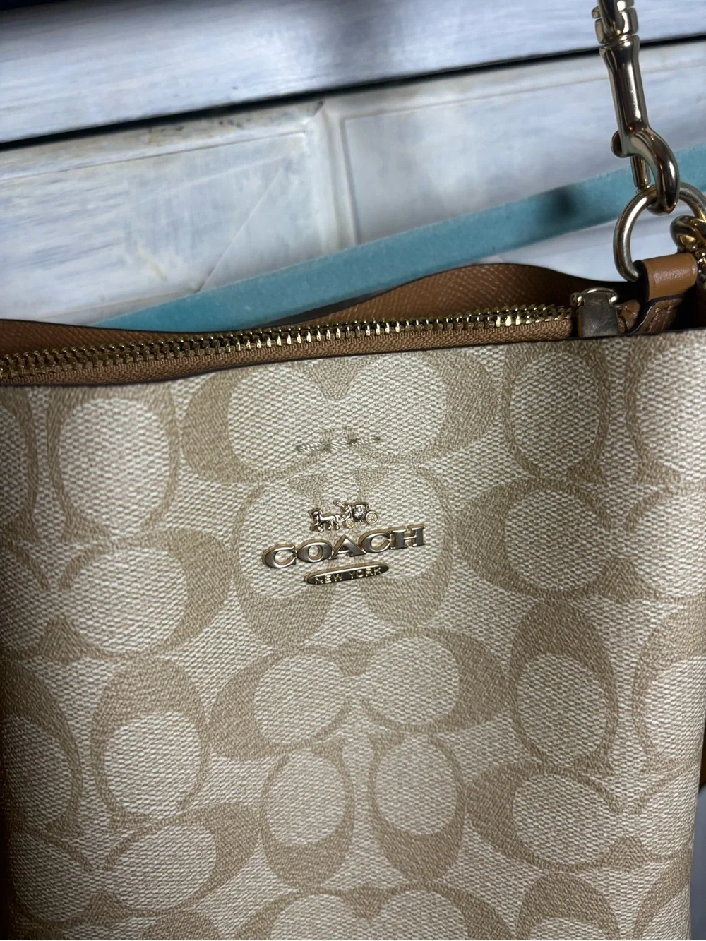 Coach Mollie Bucket Bag Signature Canvas Gold Light Khaki Crossbody Classic